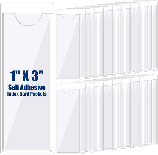 Chinco 50 Pack Clear Adhesive Pockets, Labels for Storage Bins, Plastic Self Adhesive Index Card Holder with Top Open for Organizing Bins Box Drawer(1.2 x 3.35 Inches)