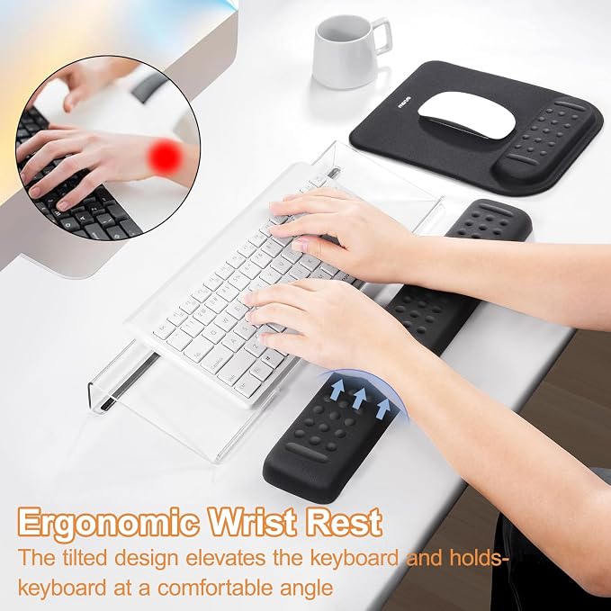 MOSISO Keyboard Stand&Wrist Rest Support for Keyboard &Mouse Pad Set | Ergonomic Massage Wrist Rest Set, Easy Typing Working Acrylic Clear Stand for Office Home, Black