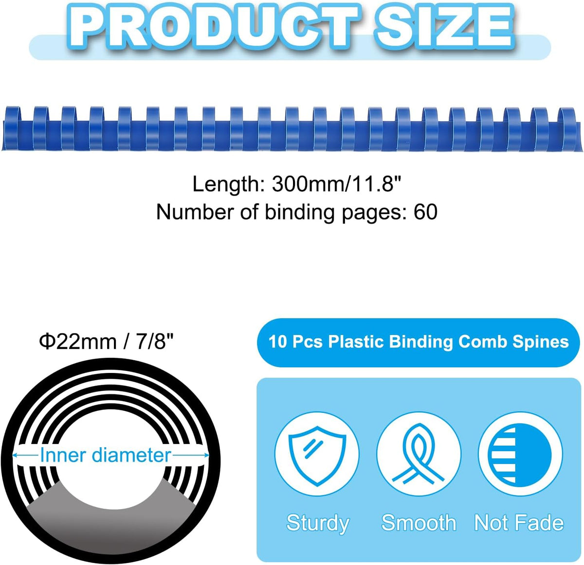 PATIKIL 22mm (7/8") Plastic Binding Combs, 10 Pcs 21 Rings Comb Binding Spines 190 Sheet Capacity Letter Size for Binding Paper Sheets Notebook Calendar Picture Album, Blue