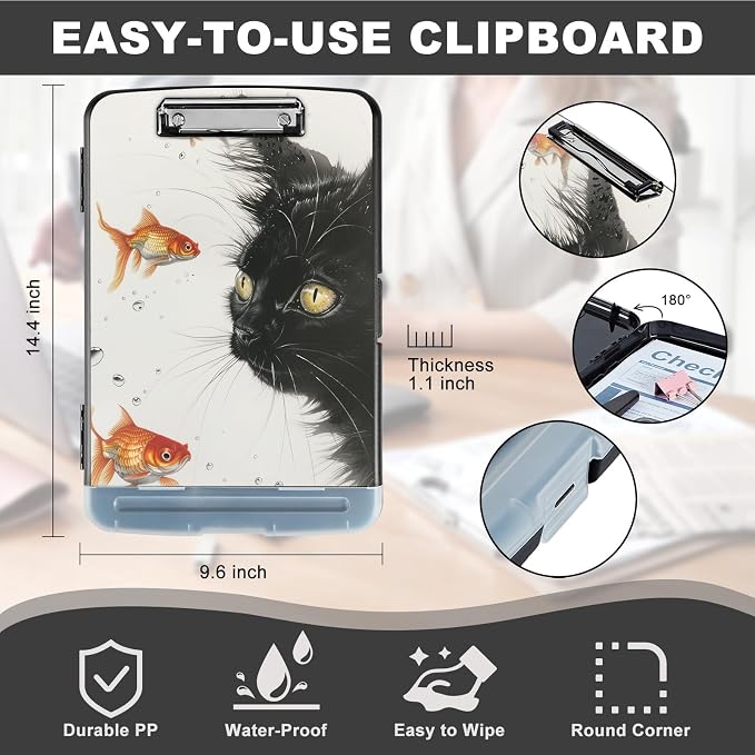 Clipboard with Storage,Storage Clipboard with Pen Holder,Heavy Duty Plastic Storage Clipboard with Low Profile Clip,Teacher Must Haves,Clipboard Folder,Office Supplies,Cat and Beautiful Fish