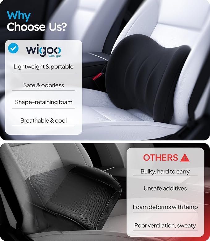 Wigoo Lumbar Support Pillow for Car-Office Chair, Black 2-Pack | Memory Foam| Ergonomic| Universal Fit