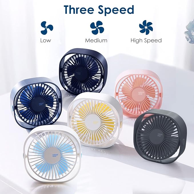 Simpeak Small USB Fan Small Quiet Portable USB Powered ONLY (No Battery), Cooling 3 Speed Setting 360° Adjustable Swivel Desktop Personal Fan for Home Office Bedroom Outdoor Travel Summer, Blue