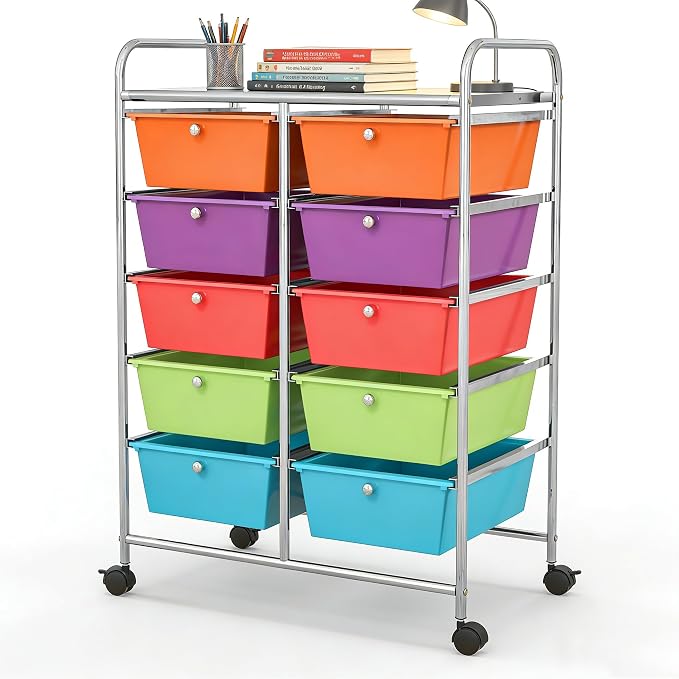 COSTWAY 10 Drawer Rolling Storage Cart, Utility Cart with Lockable Wheels | Mobile Art Supply Craft Organizer with Metal Frame, Multipurpose Drawer Cart for Paper for Office, School, Multi-color