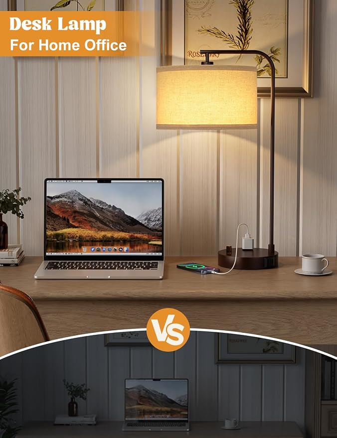 Innqoo Brown Table Lamp for Bedroom with USB Port and Outlet, Dimmable Nightstand Bedside Lamps with Linen Lampshade, Desk Lamp for Home Office, Living Room, Guest Room, LED Bulb Included