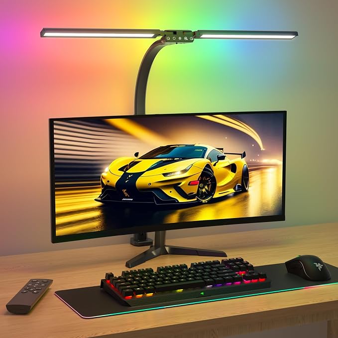 Upgraded LED Desk Lamp for Home Office with RGB, Rotatable Computer Desk Light with Remote, Tall Table Lamp with Clamp for Working, Dimmable Dual Head Task Lighting for Monitor PC, 22W