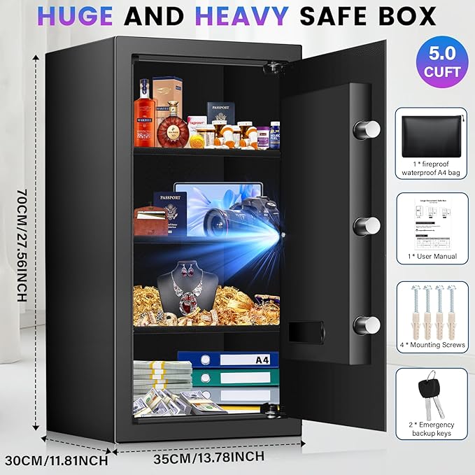 [27.56''] Tall Safe Box, Home Safe with Fireproof Waterproof Bag, 6.2 Cuft Anti-Theft Digital Security Lock Box with Smart Alert System, Removable Shelf, Mute Function, Document Safes for Jewelry
