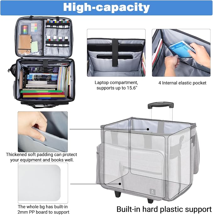 Rolling Teacher Bag Built-in Hard Support Board With Detachable Trolley | Waterproof nylon,35L large space,Multiple storage pockets,Fits 15.6 Inch Laptop