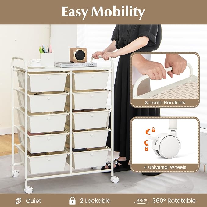 RELAX4LIFE 10 Drawer Storage Cart - Ivory Metal Frame Rolling Art Cart Organizer with Lockable Wheels, Utility Cart for Crafting Storage, Office, Home, School