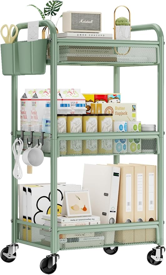 3 Tier Metal Rolling Cart, Green Utility Storage Cart with Wheels | Metal Mesh Craft Cart With Hooks & Hanging Cups, Ideal For Kitchen, Bathroom, Office, Dorm, Art Workspace, Bedside Storage