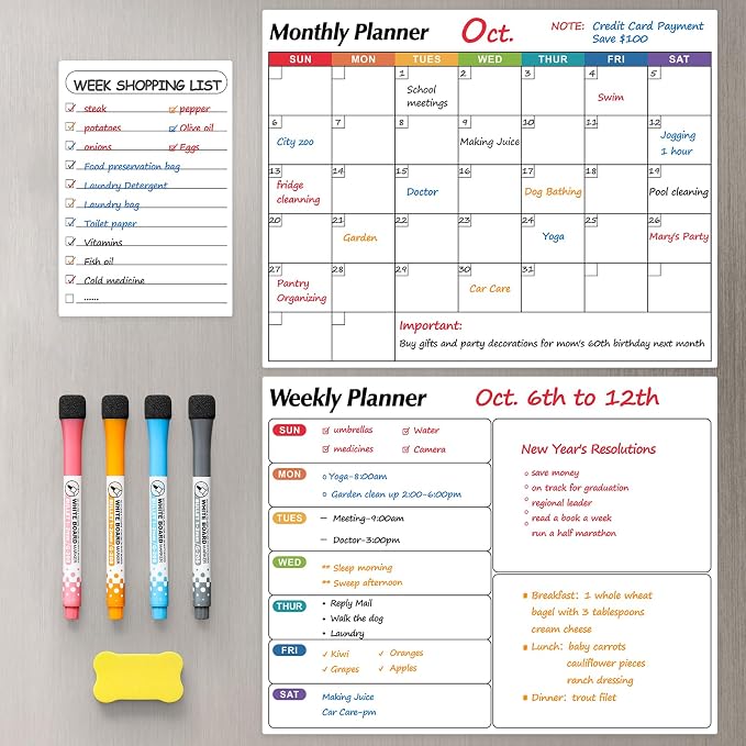 Dry Erase Magnetic Calendar for Refrigerator, 3 Pack- Monthly & Weekly & Daily Planner Magnet Whiteboard for Fridge Wall Door - Shopping, Meal/Menu, to Do List, Family Schedule Planning Board (D)