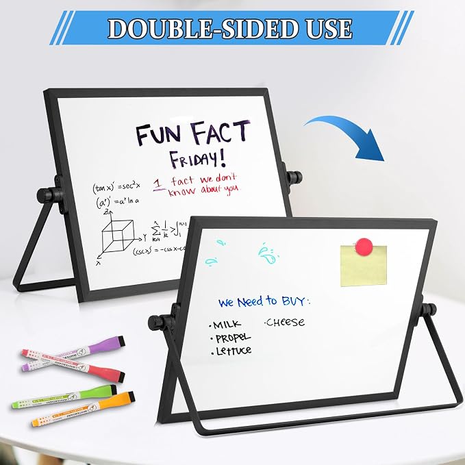 Double-Sided Magnetic White Board with Stand, 12" x 8" (Black) | Dry Erase Board with Stand, Desktop Whiteboard Easel , Portable Small White board dry erase for Drawing, Office, Home