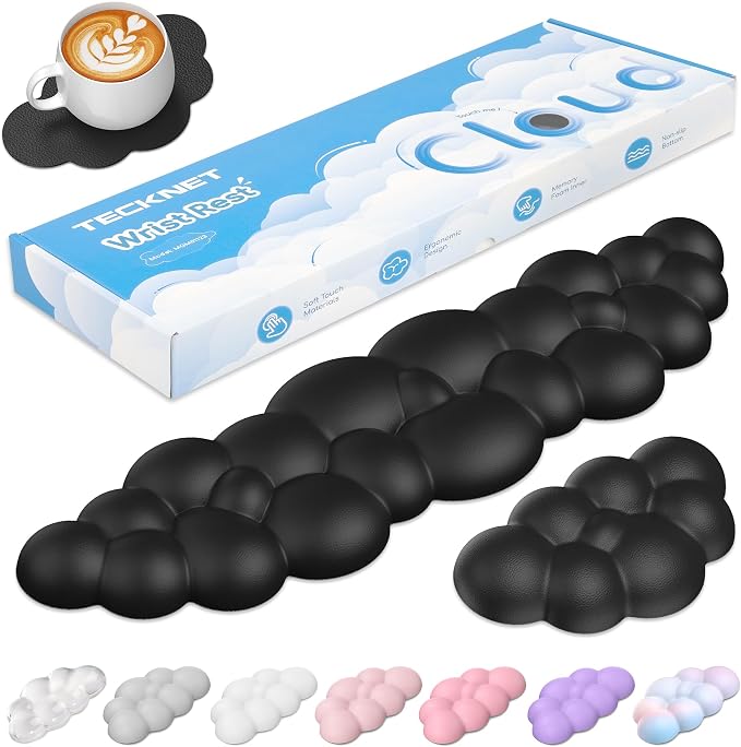 TECKNET Cloud Keyboard Wrist Rest Set, Cloud Wrist Rest with Non-Slip Base, PU Leather Wrist Pad for Keyboard with Ergonomic Memory Foam for Computer Laptop Office Gaming and Pain Relief, Black