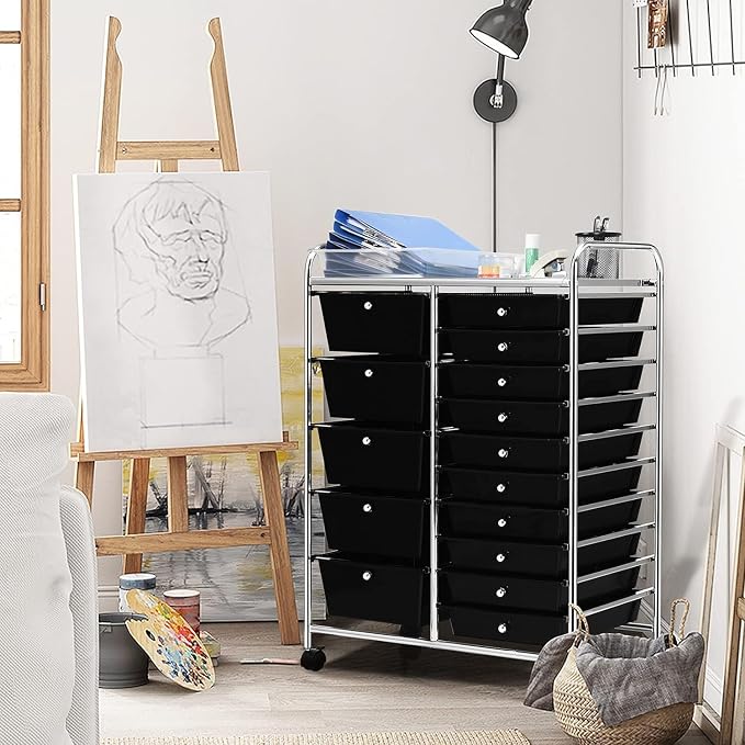 15 Drawer Rolling Storage Cart, Rolling Cart with Drawers for Classroom, Art Supply Craft Organizer on Wheel with Metal Frame & Handles for Home Office School