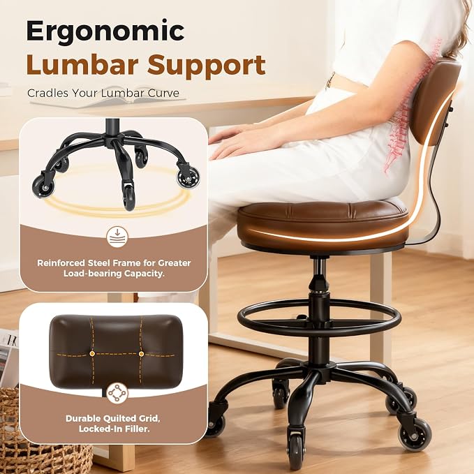 Office Drafting Chair with Footrest, Tall Height Adjustable Stool with Back Support, Heavy Duty Rolling Stool Chair with Wheels for Office Home Kitchen Bar Shop Guitar Studio Vanity, Brown