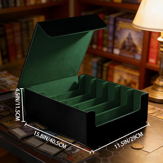 Magnetic Leather Trading Card Storage Box - 5-Row Deck Case Design, 3900+ Capacity for YuGiOh, MTG, TCG and Sports Cards, Includes 24 Colorful Dividers & 5 Card Supports (Black/Green)