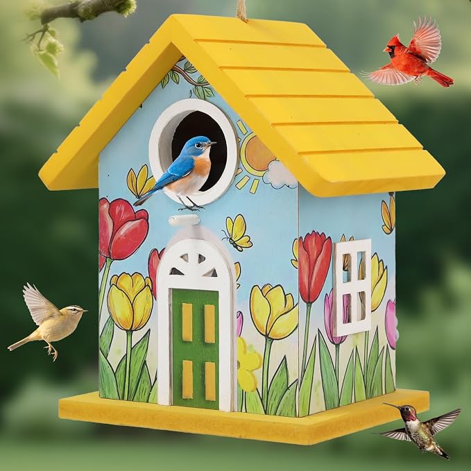 Wooden Bird Houses Bird House for Outside Yellow Wood Bird House for Outdoors,Handmade Painted Tulips Bird Houses for Garden Blue Bird Hummingbird Wren Cardinal Swallow Sparrow Finch Chickadee
