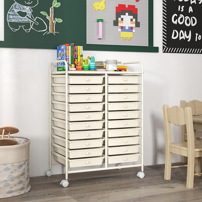 RELAX4LIFE 20-Drawer Rolling Storage Cart - Mobile Rolling Cart w/Drawers for School Classroom Teacher Office Home Salon, Paper File Art Supply Craft Organizer, Utility Cart on Wheels (Ivory)