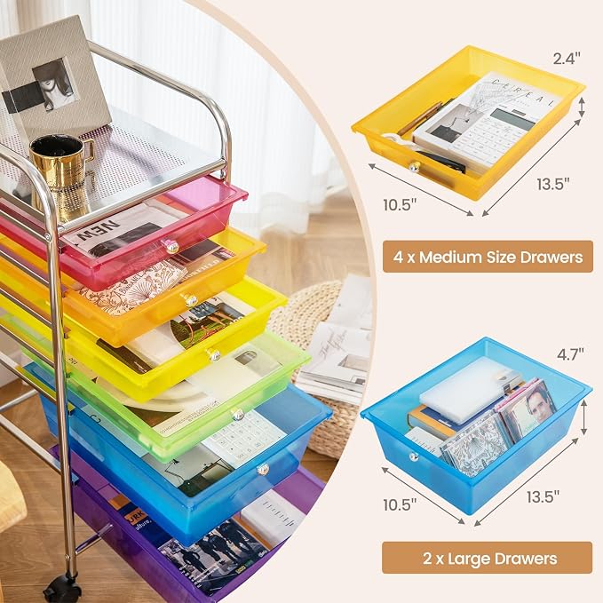 COSTWAY 6-Drawer Rolling Storage Cart, Art Craft Tools Organizer on Wheels | Multifunctional Heavy Duty Utility Mobile Storage Trolley w/ 2 Lockable Wheels for Home Office School (Rainbow)