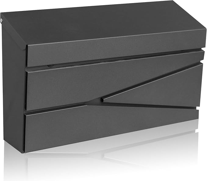 Ydocabinit Wall Mount Mailbox, Large Capacity Mailbox for House, Galvanized Steel Rust-Proof Metal Post Box Drop， Mailboxes for Outside, 15.74"×9.84"×4.33", Black Modern Sleek Style