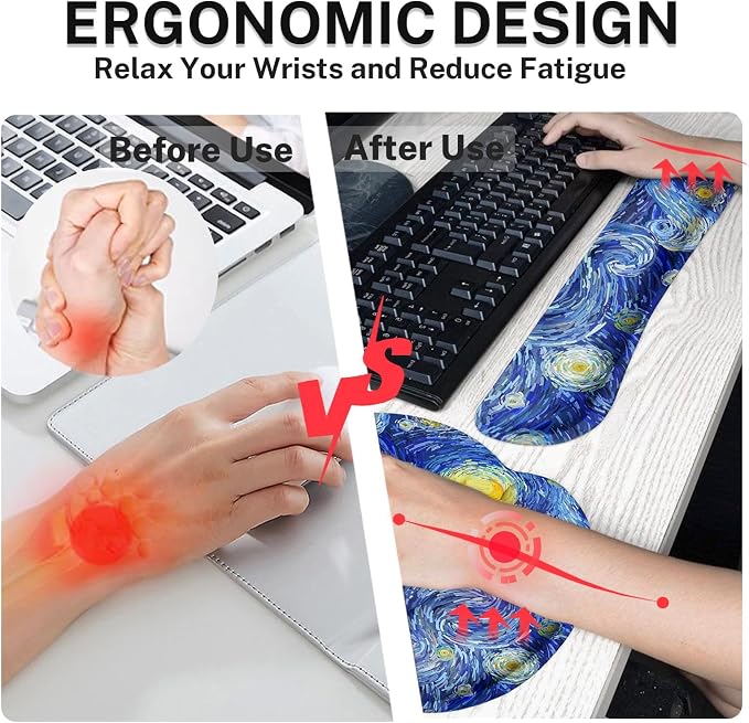 Ergonomic Mouse Pad Set with Wrist Rest, Abstract Night Sky | Starry Galaxy Non-Slip Rubber Base Wrist Cushion Support and Coasters Mousepad with Wrist Support for Computer Keyboard