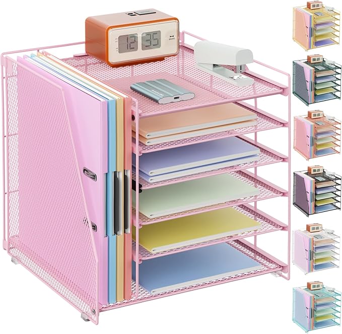 gianotter 6-Tier Paper Organizer With Magazine Holder | Desk Organizers and Accessories, File Organizer for Office Supplies Storag (Pink, 6-Tier)