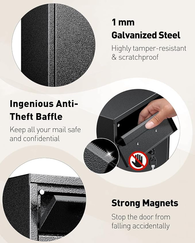 Uniclife Wall Mount Mailbox for Outside, Anti-Theft Heavy Duty Locking Mailbox, Large Mailbox with Key Lock, Security Mail Box, Safe Key Drop Box, Post Box, Steel Cash Drop Box for Home Office, Black