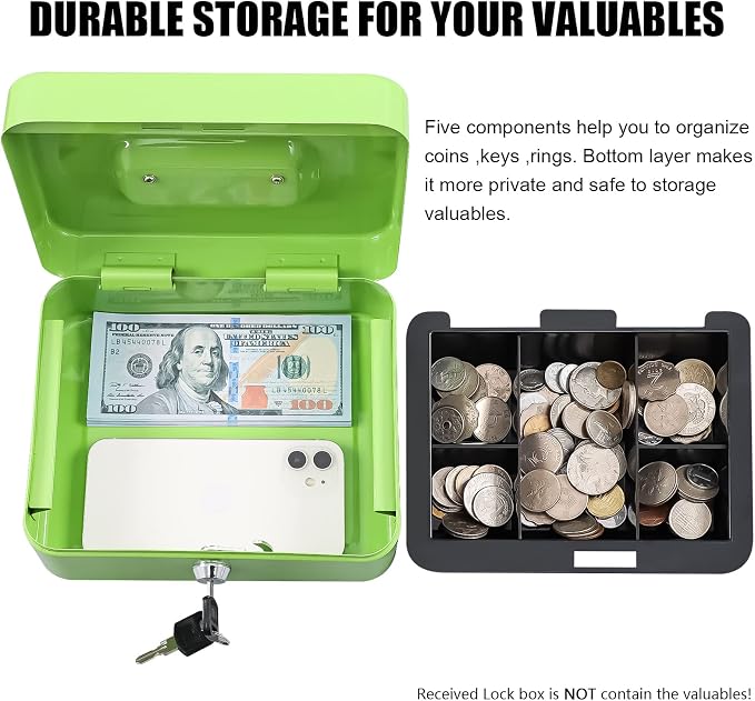 KYODOLED Medium Cash Box with Money Tray,Small Safe Lock Box with Key,Cash Drawer,7.87"x 6.30"x 3.54" Limegreen Medium