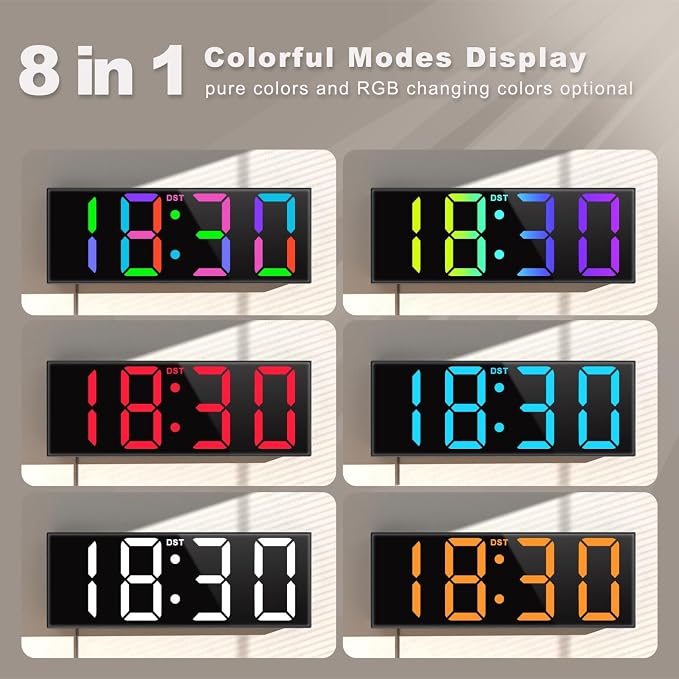 JALL 12" Large Digital Wall Clock, Big LED Number Dispaly, RGB Colors, DST, Night Light for Classroom Living Room Bedroom Mounted Birthday Xmas Gift for Senior, Black Shell, Red Font