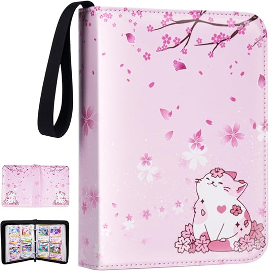 CLOKORIA Card Binder for Girls Gifts,440 Cards Collectible Trading Card Holder Case with 55 Sleeves, 4 Pocket for TCG Game Cards Collection Sports Trading Cards Collector Album (Sakura cat)