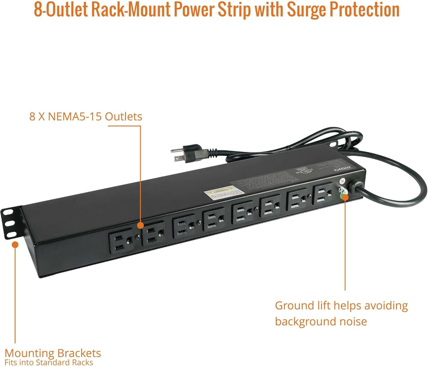 Tecmojo 1U Rack-Mount Horizontal 8-Outlet Power Strip UL Listed PDU with Surge Protection 6ft Cord Power Distribution for IT and Network Server Racks