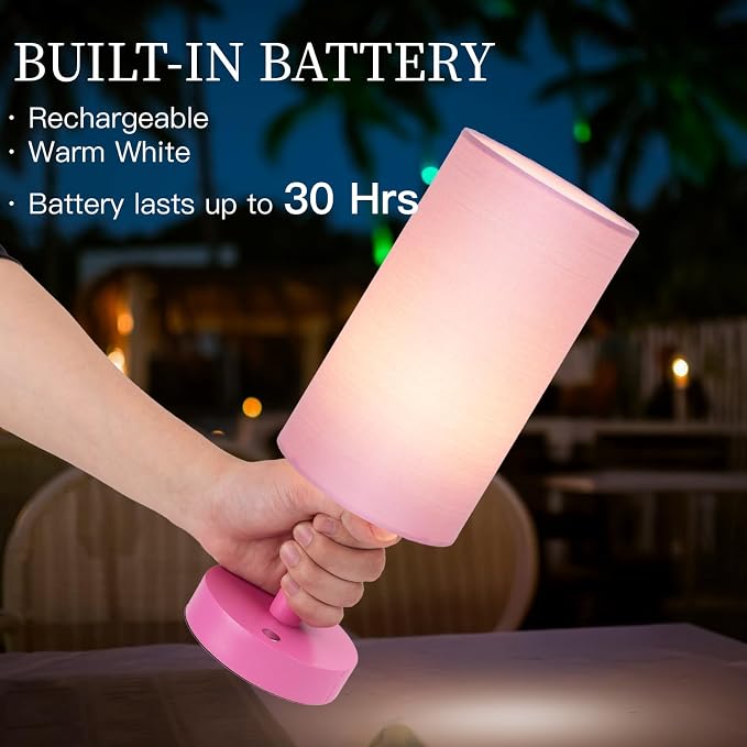 LALISU Small Table Lamp Nightstand Lamp Linen Lampshade Bedroom Wood Base Small Bedside Lamp for Night Stands, Desk Lamps for Reading Living Room, Office (LED Bulb Included) (Pink)