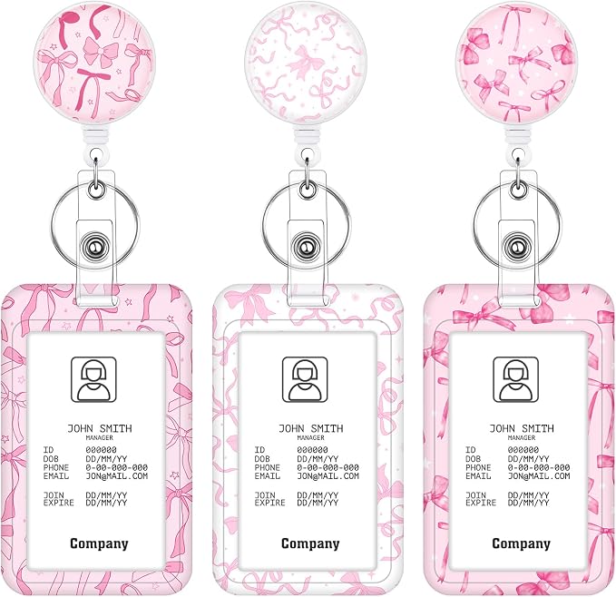 3 Set Bow Badge Holder with Valentines Day Badge Reel Retractable ID Badge Holders with Clip Name Badge Holders for Teacher Nurse Doctor Student Office Workers