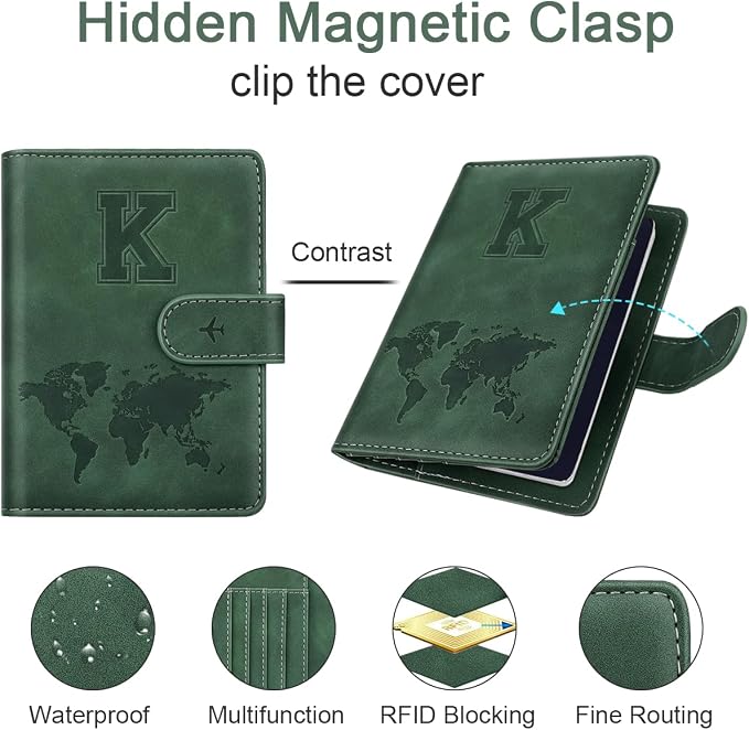 Passport Holder Wallet Cover Personalized Initial Travel Essentials | Embossed Letter A-Z Design, Travel Wallets, RFID Blocking, Passport Book Holders, Women and Men, Personalized Gifts, Green-K