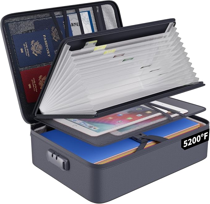 ENGPOW Fireproof Document Organizer Bag with Lock ＆ Accordion File Folder | 5200℉ Multi-Layer File Organizer Box with Lock ,Heat Insulated, Water Resistant, Safe Storage for Home Office Travel, Gray