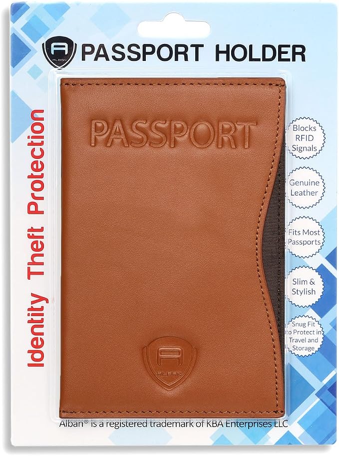 Alban RFID Passport Holder for Women & Men, Genuine Leather Passport Cover | RFID blocking design helps protect personal information while traveling, Slim genuine leather case for travel essentials