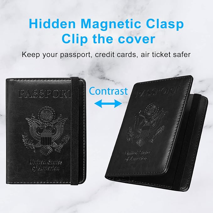ACdream Passport Holder Cover, Leather Travel Wallet Case, RFID Blocking Document Organizer Protecrtor, with Slots for Credit Cards, Boarding Pass, for Women and Men, Black