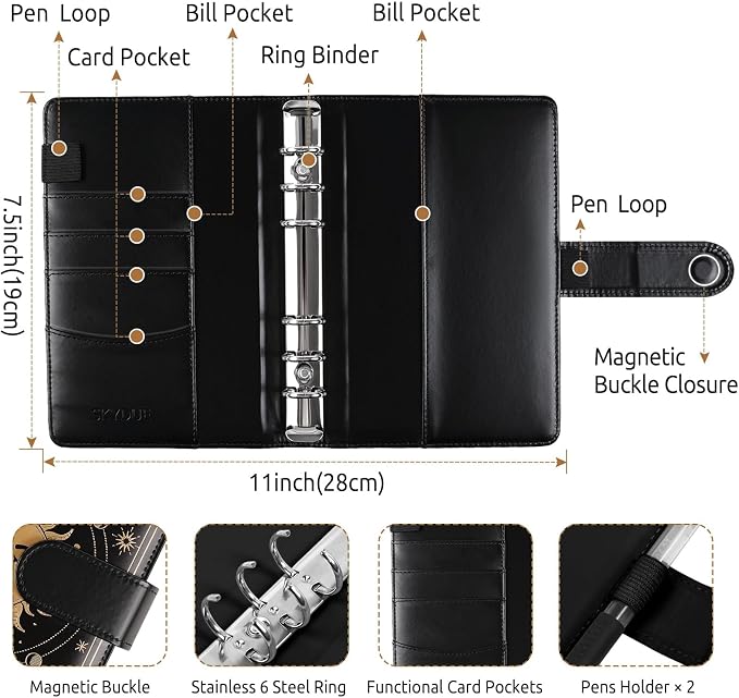 SKYDUE Budget Binder, Money Saving Binder with Zipper Envelopes, Cash Envelopes and Expense Budget Sheets for Budgeting (Black Golden)