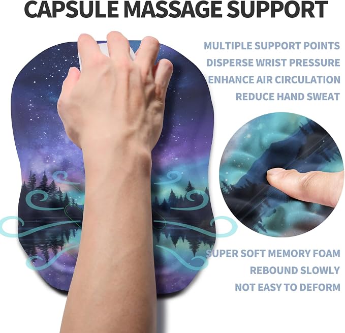 Ergonomic Raised Mouse Pad Wrist Support with Bilateral Slope Memory Foam Mousepad for Wrist Rest and Carpal Tunnel Pain Relief 11.8x7.9〃 Aurora Starry Night