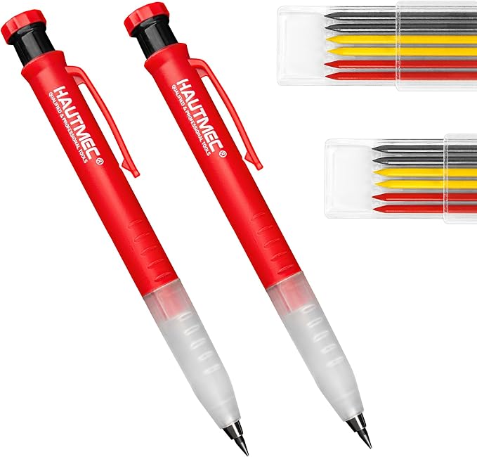HAUTMEC 2-Pack Construction Pencil, Mechanical Carpenter Pencils with 7 Lead Refills, 2.8mm Heavy Duty Deep Hole Marker with Built-in Sharpener for Woodworking, Contractor & Electrician