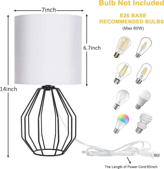 Small Table Lamp Set of 2 Black, Bedside Lamps with Metal Cage & Linen Lampshade, Cute Desk Lamps for Nightstand, Bedroom, Kids Room, Office