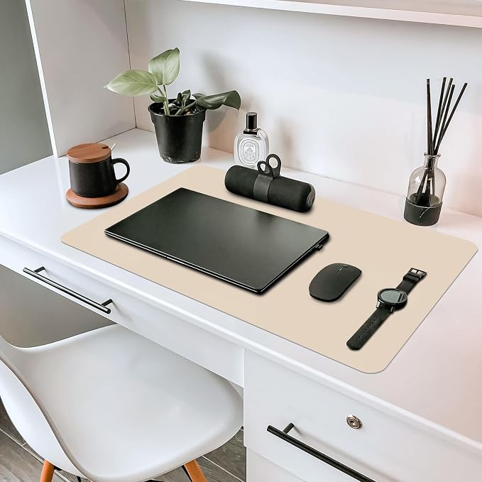 Leather Desk Pad Mat, Beige Desk Mat, 23.6" x 13.7" | Non-slip and Waterproof Computer Mat, Desk Protector for Office/Home, Desk Accessories