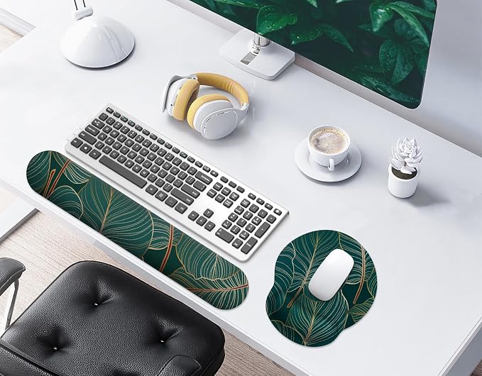 Mouse Pad Wrist Support, Ergonomic Memory Foam Keyboard Wrist Pad & Gel Wrist Rest Set for Computer Keyboard for Easy Typing & Pain Relief for Office & Home (Tropical Plants Set)