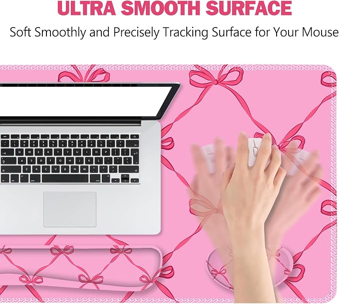 ToLuLu Large Mouse Pad Desk Pad Set, 4PCS Wrist Rest Support XXL Desk Mat | 35.4”x15.7" Giant Mouse Pad for Keyboard Mouse , Non-Slip Base Stitched Edges Mousepad Office Desk Decor, Hot Pink Bow