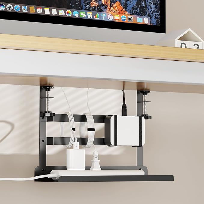 Yecaye Metal Under Desk Cable Management Tray, Clamp-On Desk Shelf | No Drill Mount; Anti-scratch Padded Clamps; Dual Wrap Bars; Fits Standing Desks; Metal Structure for Office Cable Storage;