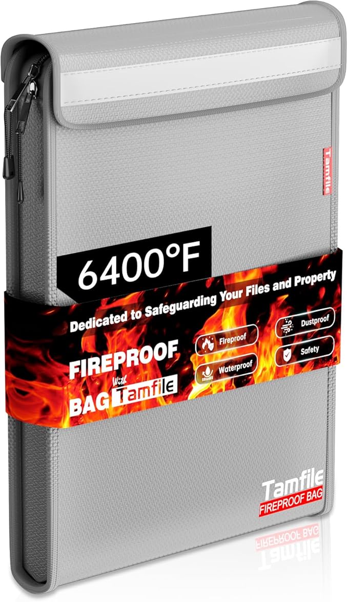 6400℉ Fireproof Document Bag, 15”x 11” Waterproof Document Organizer, Grey | Fireproof Money Bag, 2 Pockets,Safe Important Document Organizer for A4 A5 Legal Letter Size, Valuables, Legal Documents