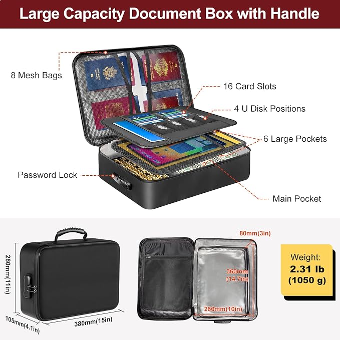 Fireproof Document Organizer Box with Lock for Important Documents | 8 Layers File Organizer, 5200°F Fire & Water-Resistant, Portable Home Travel Safe Storage, 15"x11"x4.1", Black, Soft