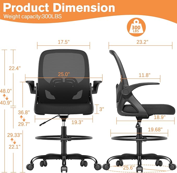 ORRSAKER Drafting Chair, Tall Office Chair with Flip-up Arms, Mesh Ergonomic Computer Standing Desk Chair with Adjustable Height Foot Ring and Lumbar Support, 300 LBS Capacity, Black