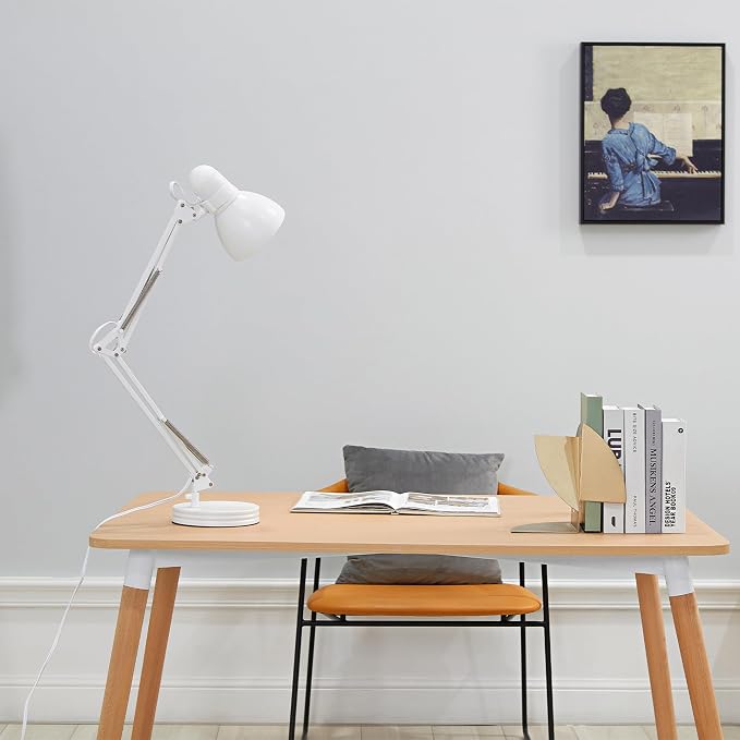 Globe Electric 52024 28" Swing Arm Architect Desk Lamp, Matte White, Rotary Switch on Shade, Partially Adjustable Arm, Modern Lighting for Bedroom or Office, Timeless, Indoor Lights