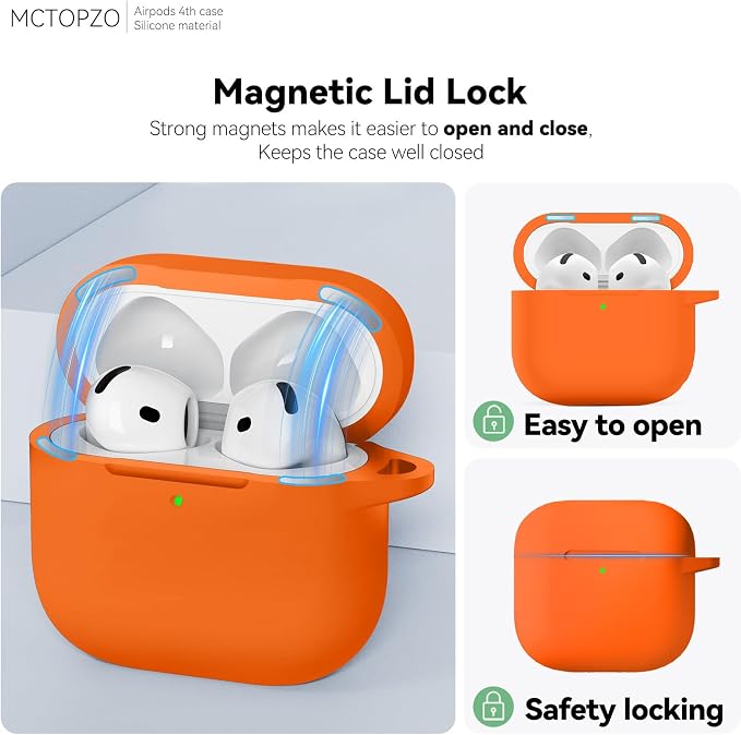 for AirPods 4 Case 2024 with Cleaner Kit & Keychain-Magnetic Orange | Silicone Protective Cover for Apple AirPods 4th Generation Case,for Women Men,One-Piece Design,Shockproof,Dust Proof,Magnetic