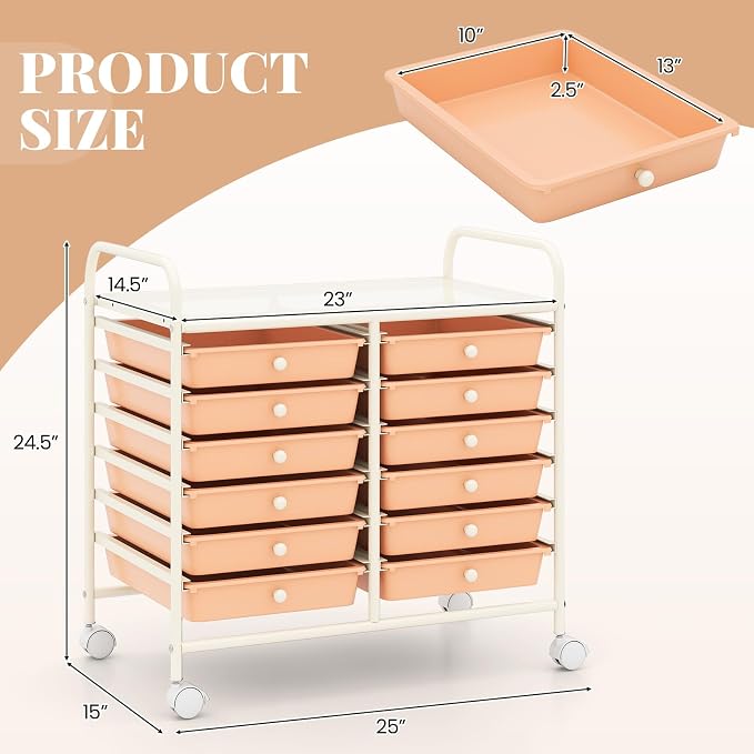 RELAX4LIFE 12-Drawer Rolling Storage Cart - Mobile Utility Cart on Wheels for School Classroom Teacher Office Salon, Paper File Art Supply Craft Organizer, Rolling Cart with Drawers (Pink)